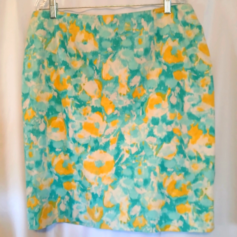 Talbots Floral Watercolor Pencil Skirt in Aqua, Yellow, White